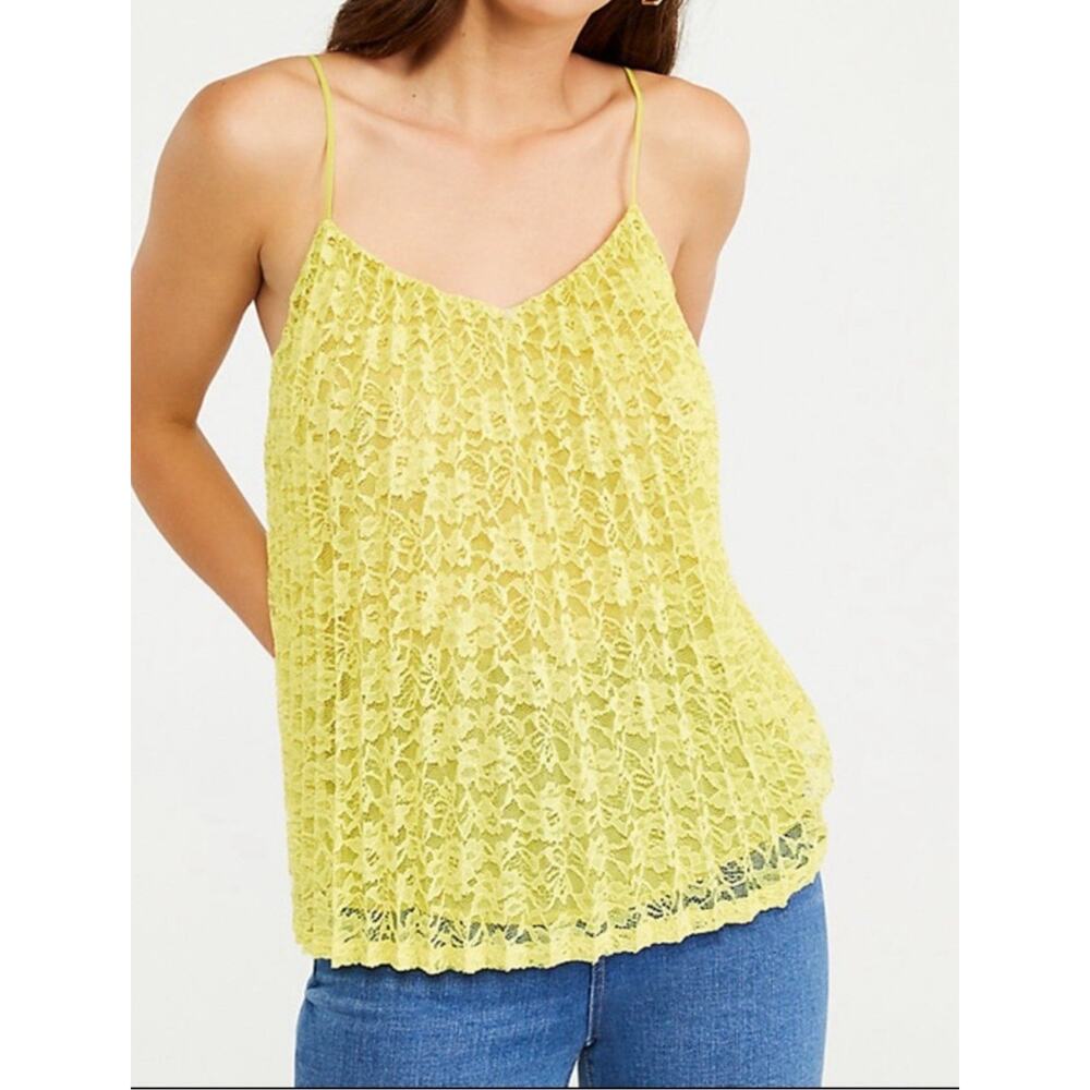Ann Taylor Top L Yellow Floral Lace Pleated Camisole